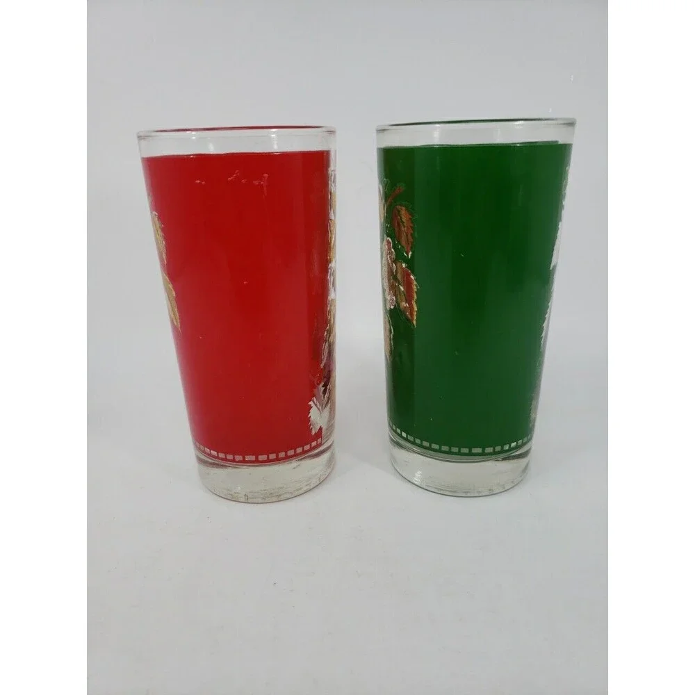 Vintage Libbey Grape Leaf Design Glasses Red Green Gold Christmas 12 oz MCM USA